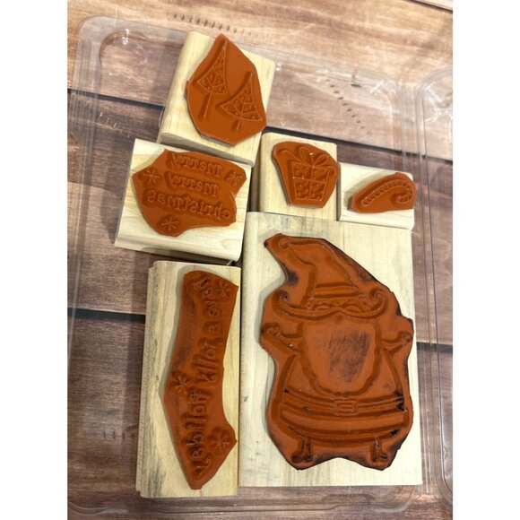 Stampin Up! Jolly Holiday Wood Mounted Rubber Stamp Set of 6 Santa candy cane - Picture 6 of 6